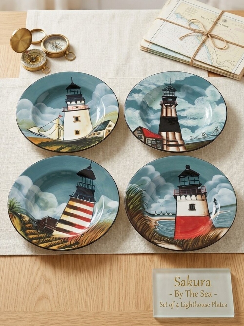​Sakura By The Sea Lighthouse Plates Set Coastal Grandmillennial Nautical (4)